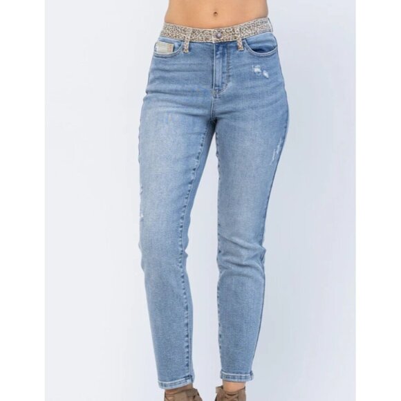Judy Blue Lucy Slim Fit Cheetah Camo Waist Band Jeans 11/30 High Rise Light Wash - Picture 1 of 6